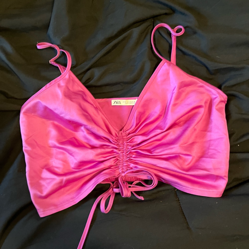 Zara Hot Pink Ruched Bandeau Top with Ties Spring Trendy Y2K